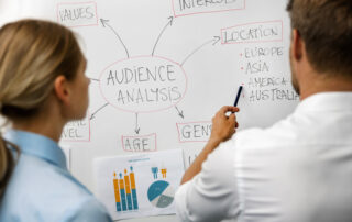 target audience analysis, market segmentation – marketing people analyzing business customer data on whiteboard