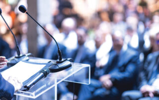 Speaker at business conference, corporate presentation, workshop, coaching training, news conference, company meeting, public or political event. Public speaking concept.